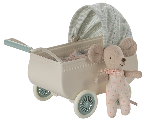 Pram with Baby Mouse - Mint - Linzis