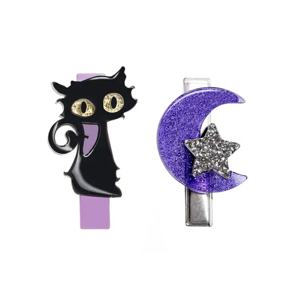 Lucky the Black Cat/Moon Glitter Silver Alligator Clip - Linzis