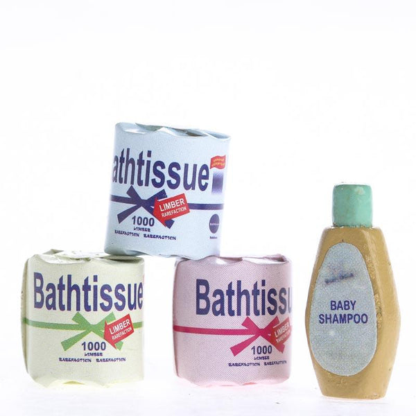 Miniature Bathroom Tissue and Shampoo Bottles 4 Piece Set - Linzis