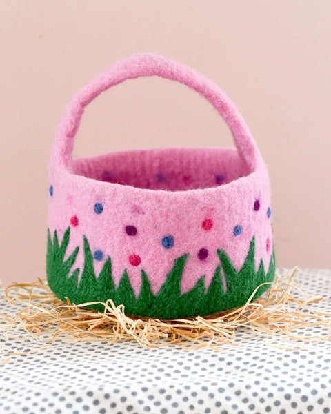 Felt Pink Basket with Colourful Dots - Linzis