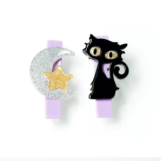 Lucky the Black Cat/Moon Glitter Silver Alligator Clip - Linzis
