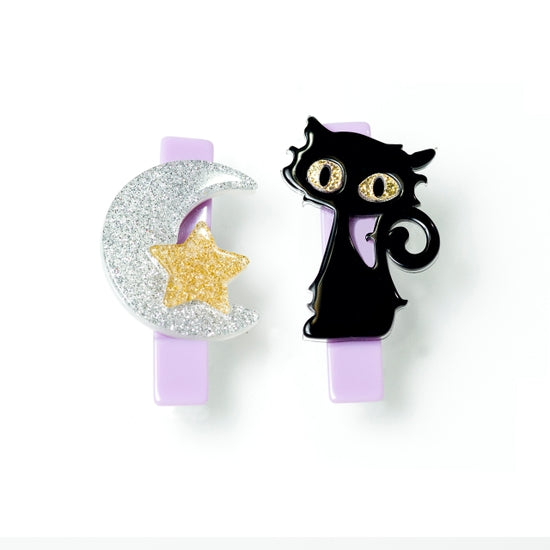 Lucky the Black Cat/Moon Glitter Silver Alligator Clip - Linzis