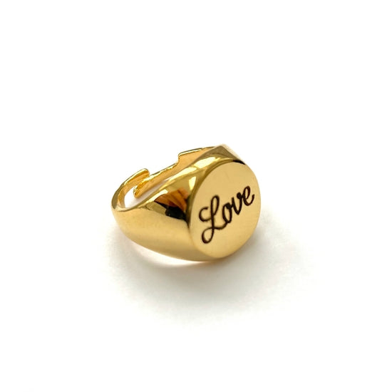 24K Gold Plated Engraved Signet Adjustable "LOVE" Ring - Linzis